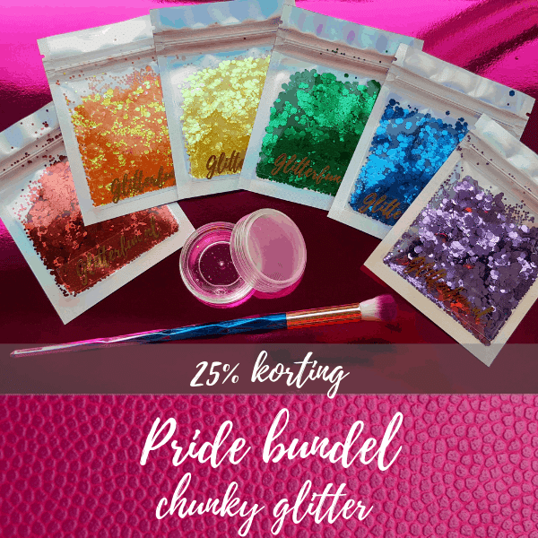 6 zakjes glitter in de kleuren van de regenboogvlag met glitterkwastje en glitterlijm