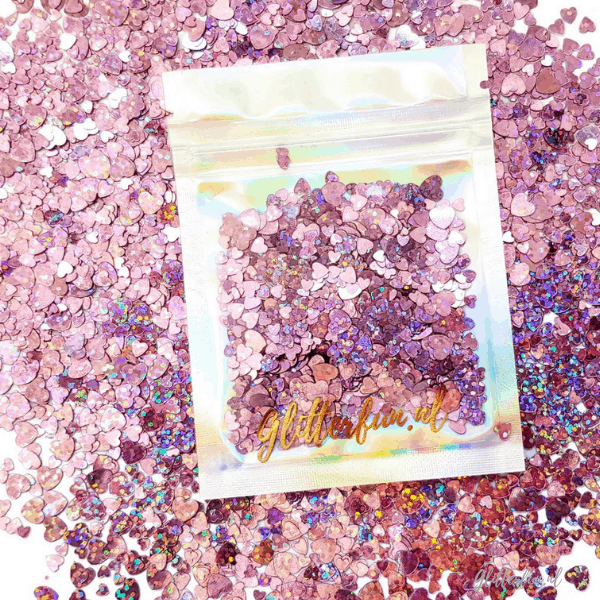 Roze, hologram hartjes glittermix - 3-6mm
