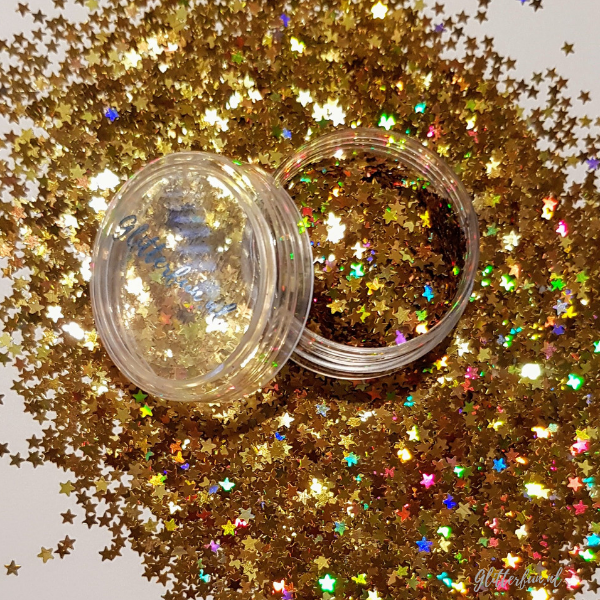 Sterren, goud en hologram 3mm - glitter met potje