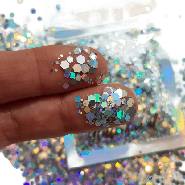 Zilver, hologram hexagon glitter - 1-3 mm