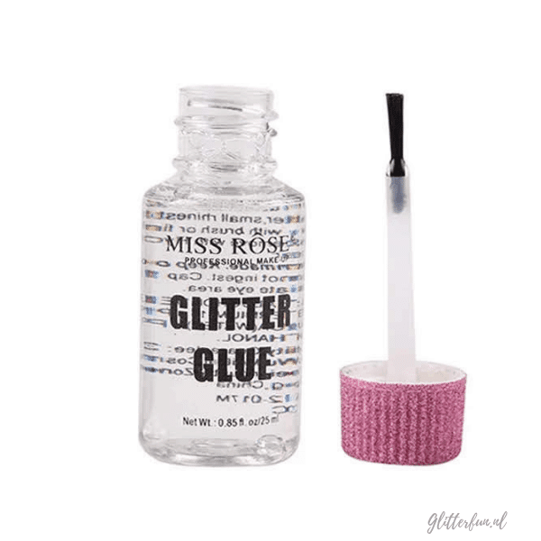 glitterlijm in een flesje met een roze glitter dop met een kwastje