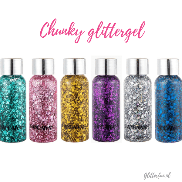 flesjes met verschillende kleuren glittergel met verschillende vormen glitter