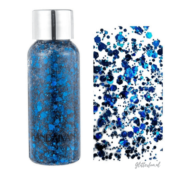 flesje glittergel met verschillende vormen glitter in blauw