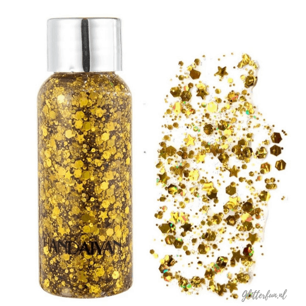 flesje met goud glittergel met verschillende vormen glitter