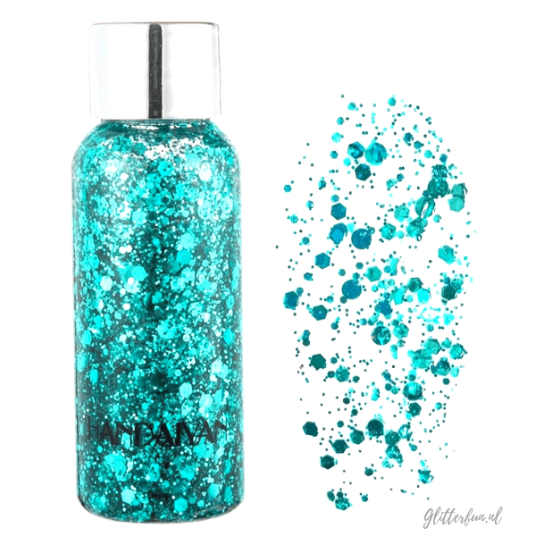 flesje glittergel met verschillende vormen glitter in turquoise