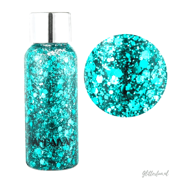 flesje glittergel met verschillende vormen glitter in turquoise blauw