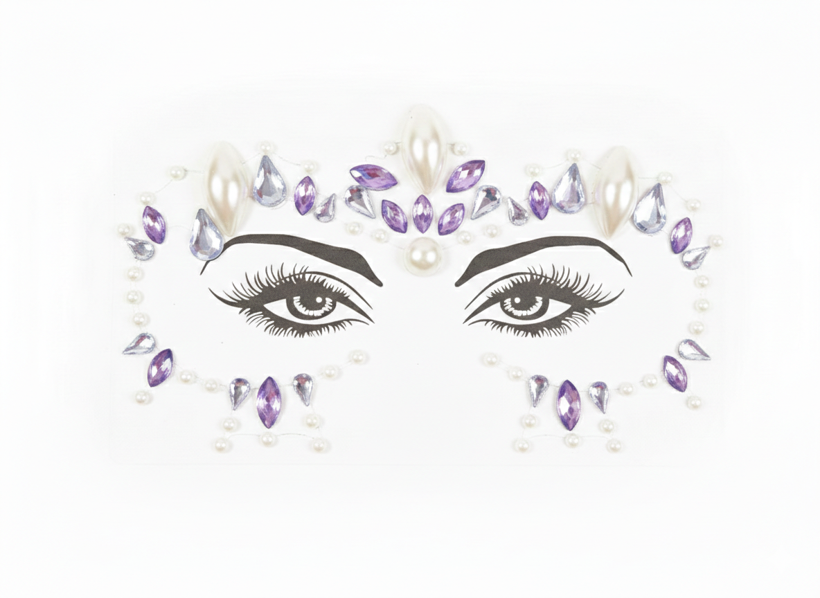 elfklevende gezichtsstickers met een patroon van paarse edelstenen en witte parels voor een festival- of feestlook - Glitterfun.nl