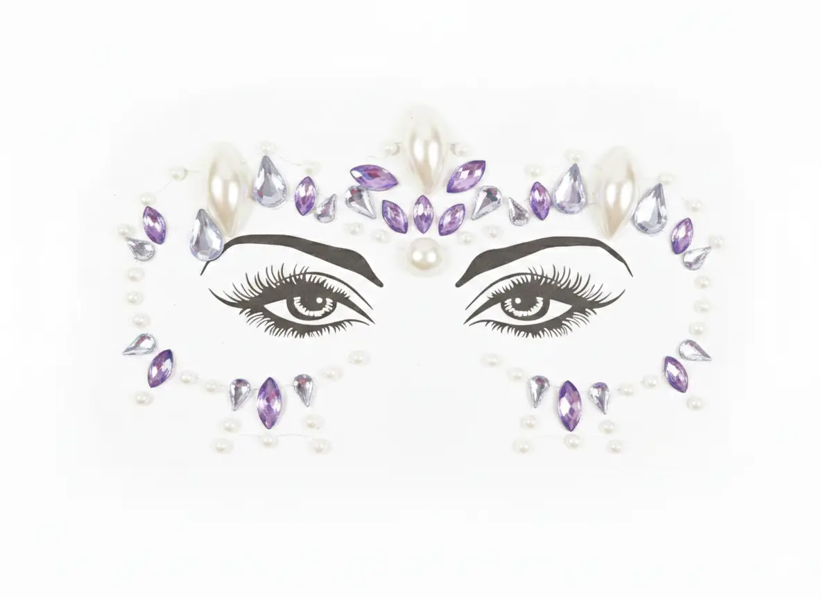 elfklevende gezichtsstickers met een patroon van paarse edelstenen en witte parels voor een festival- of feestlook - Glitterfun.nl